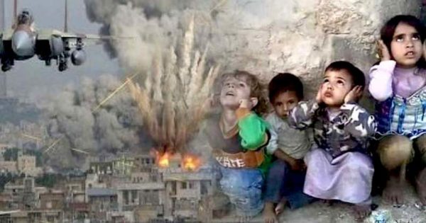 children cowering with their hands over their ears while bombs explode around them