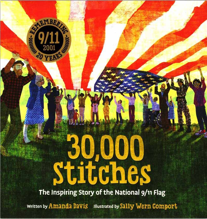 Illustrated book cover of people standing on a grassy field holding up a giant US flag over their heads