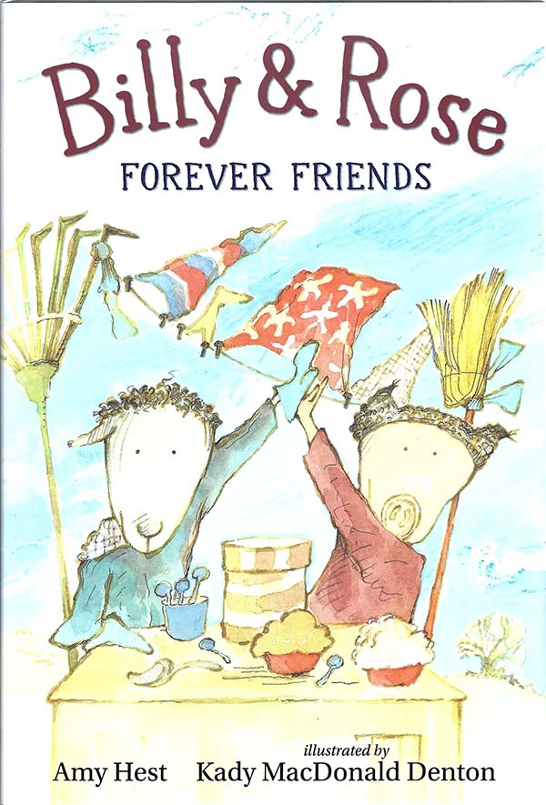 Illustrated book cover of a lamb and pig dressed as young boys sitting at a table celebrating a birthday. Colorful flags fly over their heads.