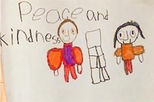 Colorful poster by a child which reads, Peace and Kindness.