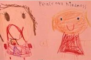 Colorful poster by a child which reads, Peace and Kindness.