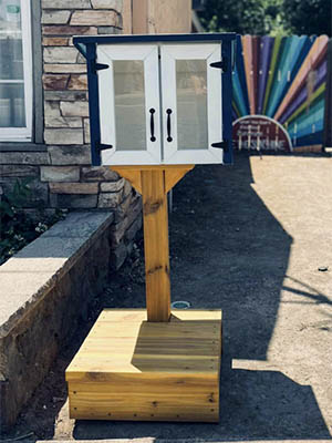 Front view of the little free library — a covered box, approximately 2 feet wide and 2 feet tall and 1 foot deep, has white frosted glass doors with black handles. It sits on a mailbox post on a wooden platform outside.