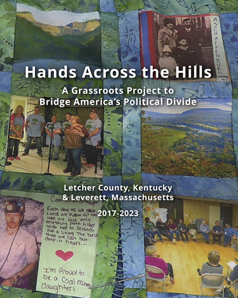 Book cover of Hands Across the Hills, which features a photo collage behind the title.