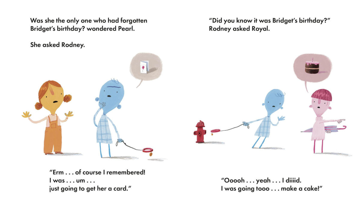 Illustrated interior spread from I'm Very Busy showing kids talking to each other about forgetting Bridget's birthday.