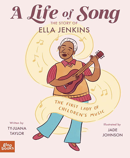 Illustrated book cover of A Life in Song shows a woman with a guitar. The notes are swirling around her as she sings and plays.