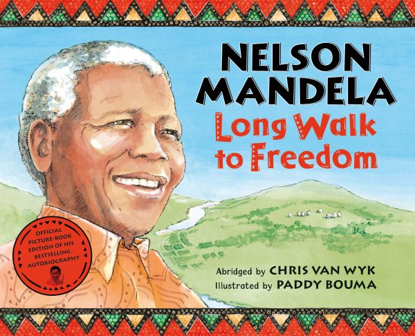 Watercolor children's book cover for Nelson Mandela Long Walk to Freedom. The cover features a portrait of Mandela with green hills in the distance.