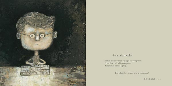 Illustrated interior spread of Recess, with a black and taupe figure of a boy with glasses in front of a computer keyboard.