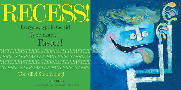 Illustrated interior spread of Recess depicting a Picasso-esque boy in blue with his fingers in the air pretending to type.