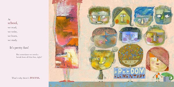 Illustrated interior spread of Recess with Picasso-eque colorful children's faces.