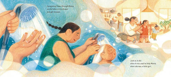 Colored pencil illustrated spread featuring the mother helping the grandmother wash her hair. On the next facing page, she combs her daughter's hair.