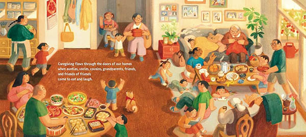 Colored pencil illustrated spread of a huge family party. People and plates of food are everywhere.