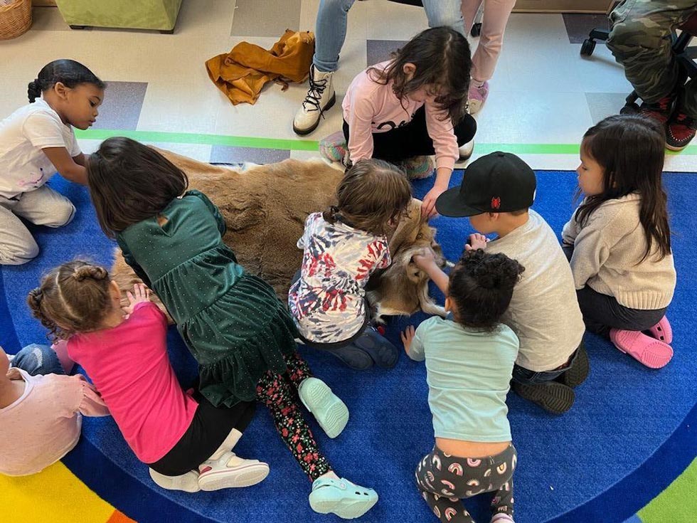 An overhead view of preschool and kindergarten-aged children in a classroom on the rug feeling an animal skin