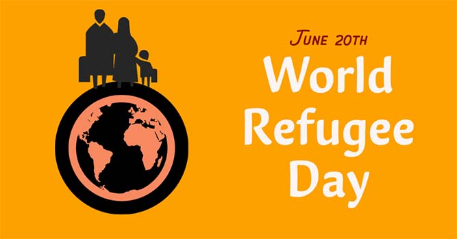 A globe illustration with a silhouette of a family holding suitcases. Text reads June 20, World Refugee Day