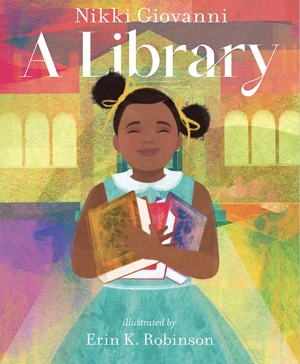 Watercolor book cover of a black girl with an armful of books in front of a library