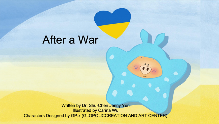 Illustration of a pig in a snow suit. A heart floats over its head in the colors of the Ukrainian flag