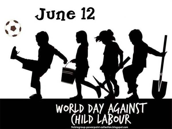 Silhouette logo illustrating 4 children in a line. One kicks a soccer ball. The other 3 carry farming equipment. Text reads: June 12, World Day Against Child Labor