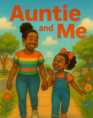 Illustrated book cover of a black woman in a rainbow striped shirt and jeans walking along a neighborhood sidewalk with a young black girl in an orange t-shirt and denim overalls. They look at each other smiling.