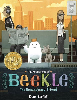 Illustrated book cover Beekle with a white, ghost-like person waving and wearing a hat standing at a bus spot where the people around don't notice Beekle at all