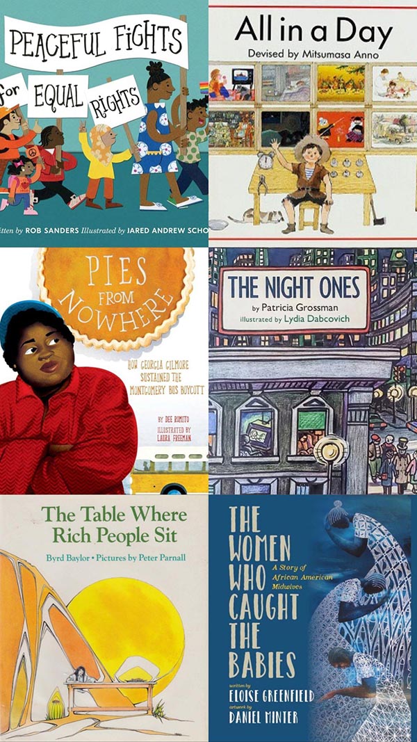 Collage image of book covers: The Women Who Caught the Babies, All in a Day, Pies from Nowhere, Peaceful Fights for Equal Rights, The Night Ones, The Table Where Rich People Sit