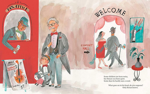 Illustrated spread of a boy, dog, and grandfather purchasing tickets at the theater window. Behind them people walk into the theater doorway.