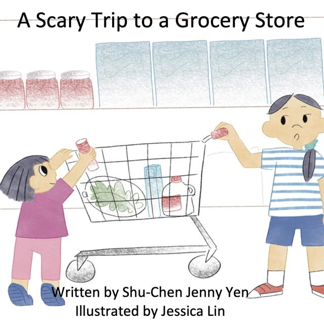 Illustrated children's book cover depicting 2 young kids putting groceries in their cart.