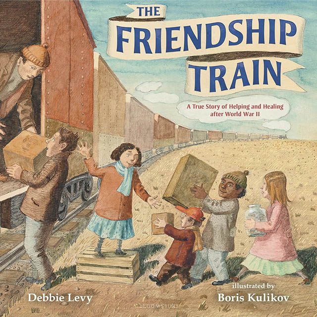 Book cover for The Friendship Train depcting an illustration of children helping unload boxes off a train car.