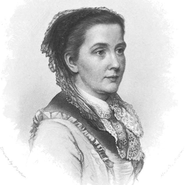 Black-and-white head and shoulders illustration of a woman from the late 1870s.