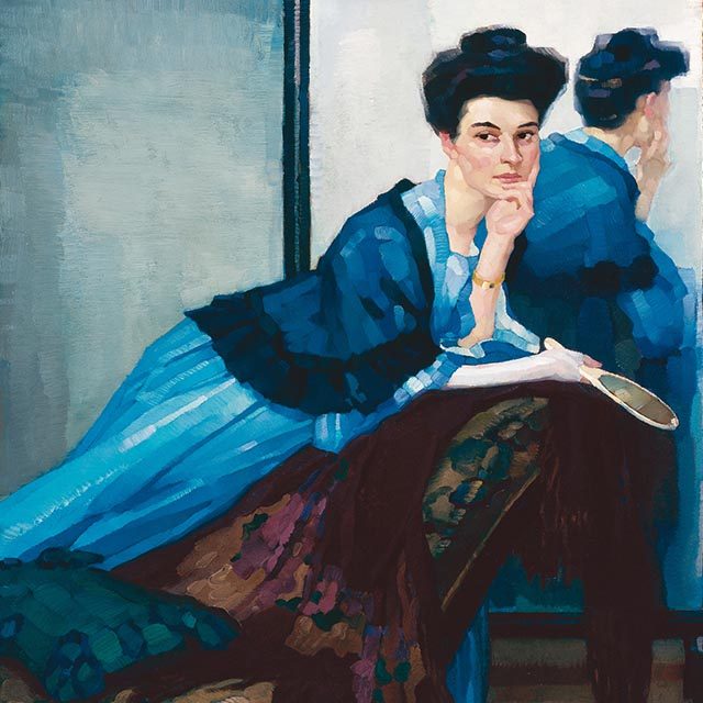 Oil painting with a woman in a medium blue dress and dark blue wrap leans over a chaise lounge. She holds a mirror. Her dark hair is piled in a bun on top of her head and she looks pensively off the edge of the canvas.