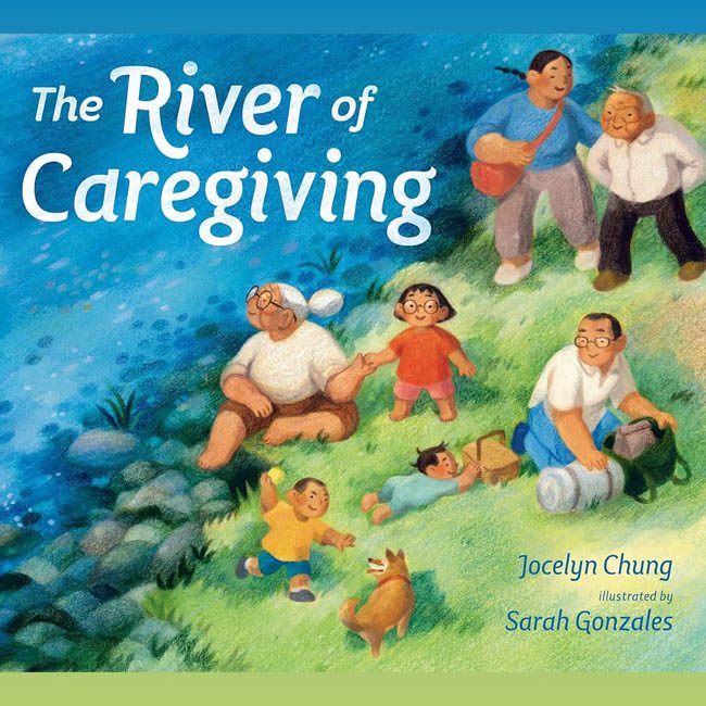 Colored pencil illustrated children's book cover of River of Caregiving shoes 3 generations of family having a picnic and playing beside the river.
