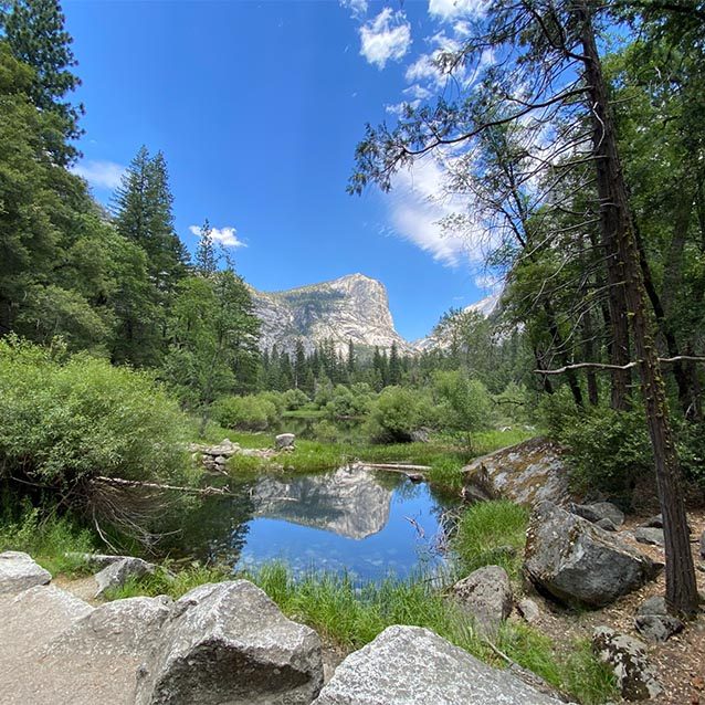 Yosemite's Half Dome seen from across the valley in spring. There is a small lake surrounded by rocks in the foreground