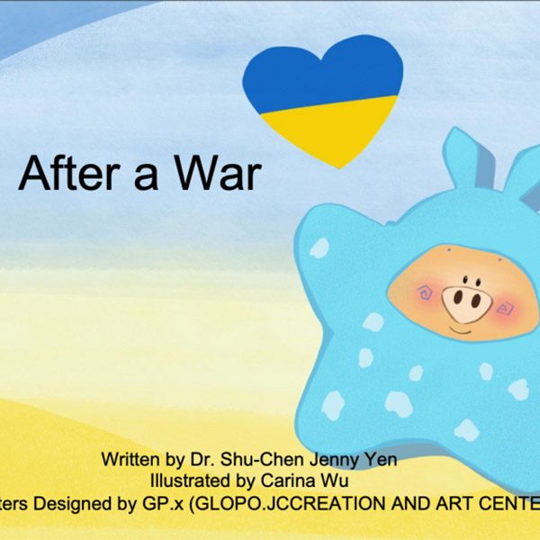 Illustration of a pig in a snow suit. A heart floats over its head in the colors of the Ukrainian flag
