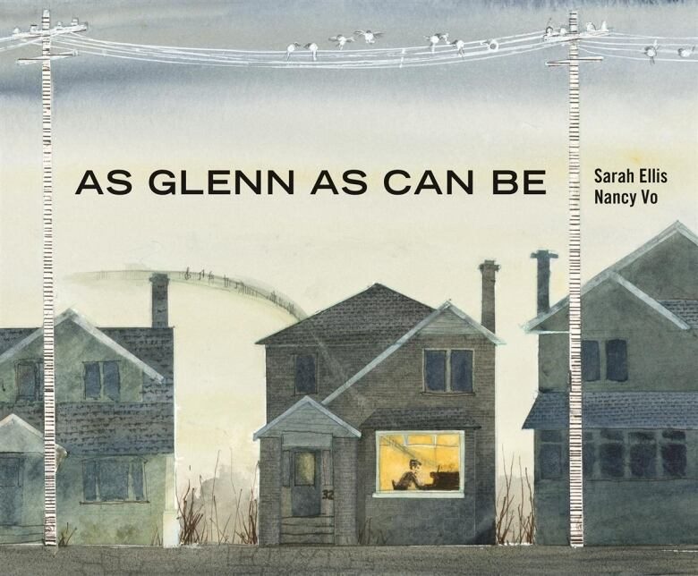 Illustrated book cover of 3 2-story homes at dusk. The front downstairs window in the center house has the light on and a man sits at a piano.