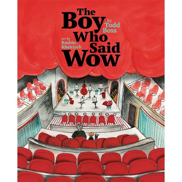 Illustrated book cover of the inside of a theater, looking down over the red seats to the stage with red curtains. On stage are chairs and orchestra instruments