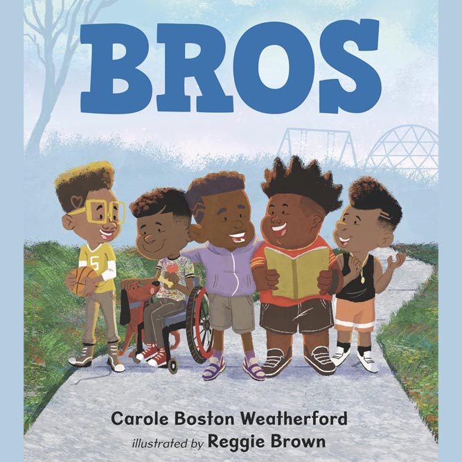 Illustrated book cover of 5 African American boys in casual clothes walking along a park pathway.