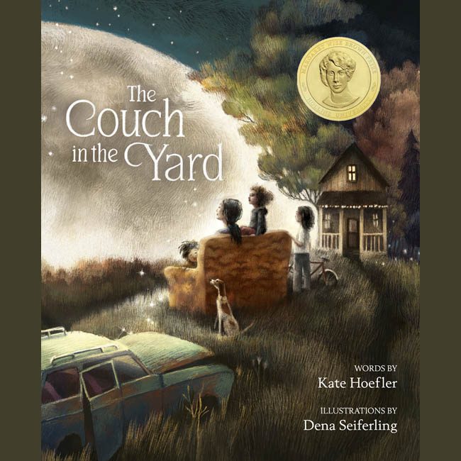 Illustrated children's book cover of Couch in the Yard with 4 children sitting on a couch in the grass looking up at a huge moon. A dog sits behind the couch on the grass.