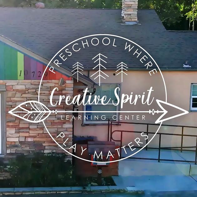 Creative Spirit Learning Center logo over an aerial view of the school. Additional text reads, preschool where play matters.