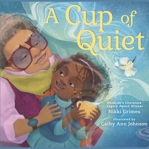 Illustrated book cover A Cup of Quiet features an adult holding a young girl on her lap. The child holds a steaming cup.