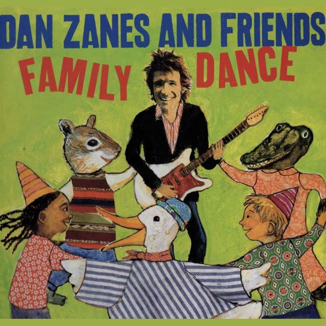 A caricature of a man holding an electric guitar while animals and chilren in party hats dance in front of him.