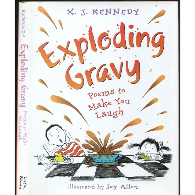 Illustrated book cover for Exploding Gravy. Two kids sit at a dining table leaning back as a bowl explodes with gravy.