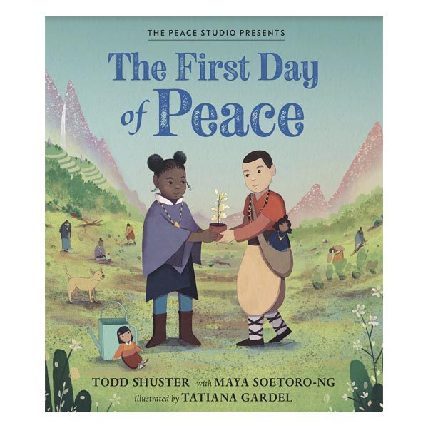 Children's illustrated book cover depicting a black girl giving a plant to a white boy.