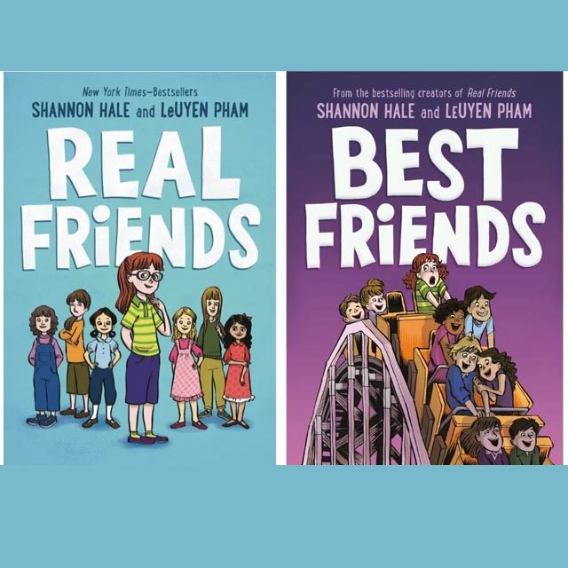 Illustrated book covers for Real Friends, showing kids standing in a group, and Best Friends, showing kids at the top of a roller coaster.