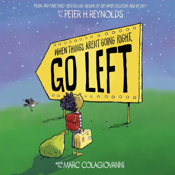 Book cover: Go Left. Illustration of a young boy looking up at a large directional sign.