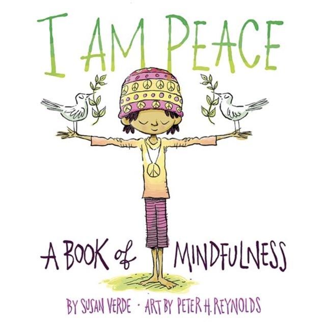 Illustrated children's book cover. A young girl stands with arms outstretched and eyes closed. A dove with an olive branch sits on each hand. She wears a cap and necklace with peace signs.