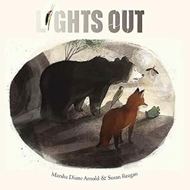 Illustrated children's book cover showing a bear and fox looking out from a cave entrance at the snow. The book name is Lights out