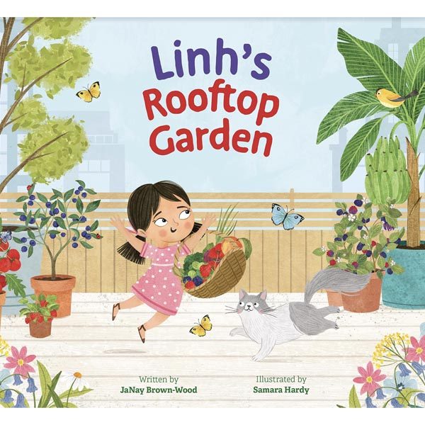 Illustrated children's book cover of a young Filipina girl and her cat chasing butterflies in her rooftop garden