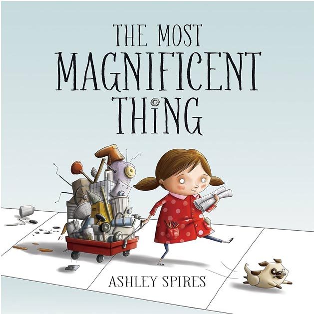 Illustrated children's book cover with a young girl holding a rolled up newspaper and pulling a red wagon full of junk. She follows her pug dog down the sidewalk.