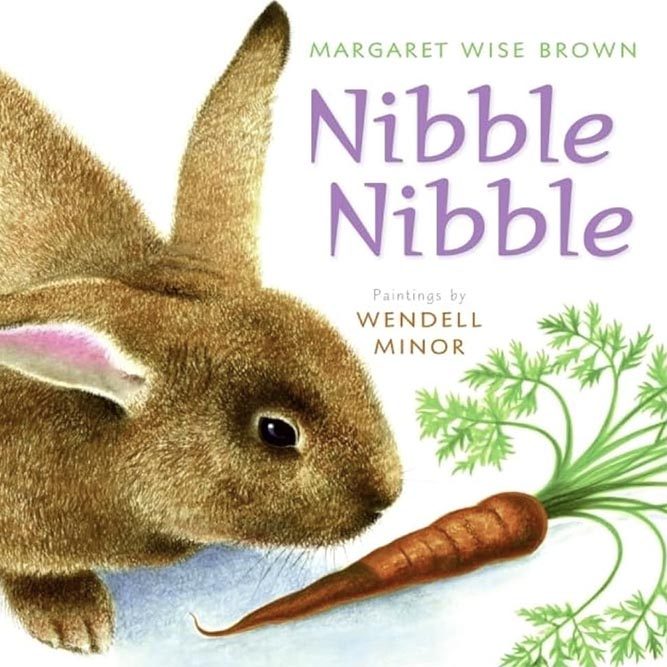 Illustration of a rabbit sniffing a carrot. Text reads: Nibble, Nibble