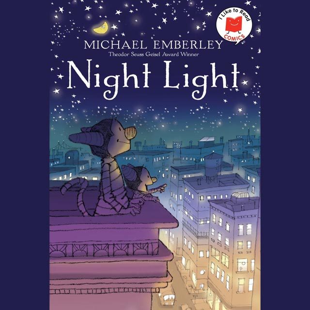 Illustrated book cover for Night Light, with an adult and child mouse standing on top of a tall building looking at the stars and moon.