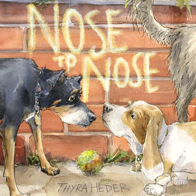 Illustrated book cover of a basset hound and a doberman nose to nose over a tennis ball in front of a brick wall.