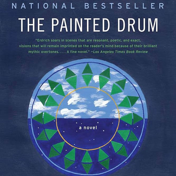Book cover: The Painted Drum, which has a circle illustration of the horizon over the ocean with clouds in the sky